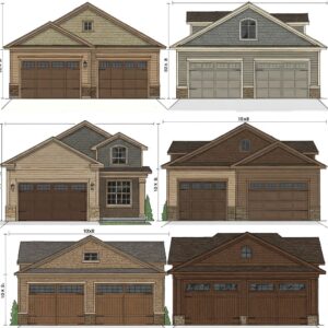Various house elevation designs featuring 10x8 garage doors with window panels and different siding materials