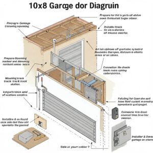 Labeled diagram showing how to install a 10x8 garage door with track, opener, and structural components