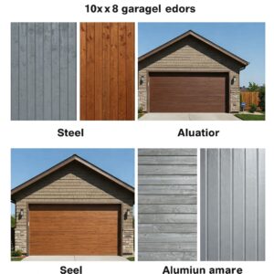 Comparison of 10x8 garage door materials including steel, wood-look aluator, and aluminum finishes