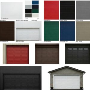 A collection of color swatches available for a standard 16x8 garage door, allowing for customization.