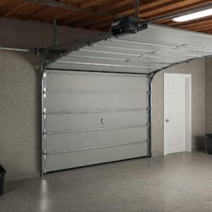 Visual representation of a 16x8 sectional garage door in the open position, demonstrating its smooth operation.