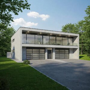Architectural rendering showcasing the design of a modern 2 story garage.