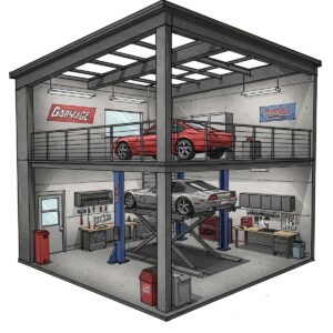 Illustration of a 2 story garage featuring a car lift for vehicle maintenance.