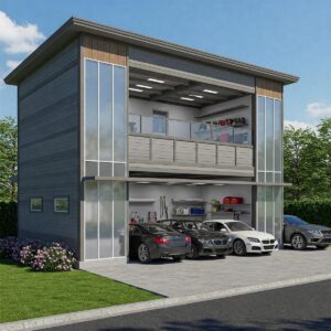 Modern 2 story garage with ample parking and storage space.