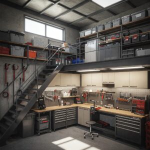 Organized interior of a 2 story garage with shelving and workspace.