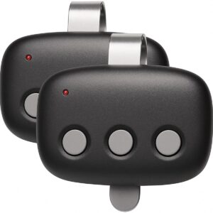 Two identical Linear three-button garage door remotes with metal clips shown on a white background.
