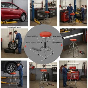 Illustration of an adjustable height garage stool, showing its versatility for different tasks.