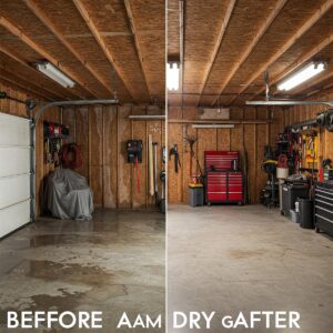 Before and after visual comparison of a damp, humid garage and a dry, dehumidified garage.