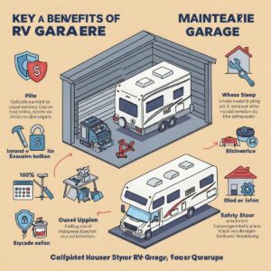 Infographic illustrating the key benefits of owning a dedicated RV garage, such as protection and maintenance.