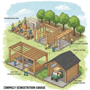 Illustration showing the construction stages of building a compact and efficient golf cart garage.