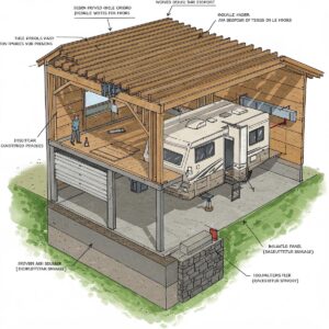 Illustration showcasing the design and construction process of a custom RV garage.