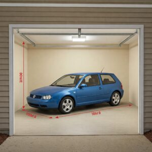 Interior view of a 10x8 garage space with a compact car parked, showcasing door height and width clearance