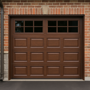 Traditional brown wooden garage door with rectangular windows, set against a red brick wall for timeless curb appeal.