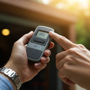Close-up of a person pressing a button on a linear garage door remote with a garage door in the background.