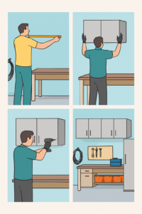 Digital illustrations showing the installation of garage wall cabinets in a small space, ending with a compact and well-organized garage storage solution.