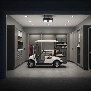 A golf cart neatly parked inside a custom-designed garage, highlighting organized storage solutions.