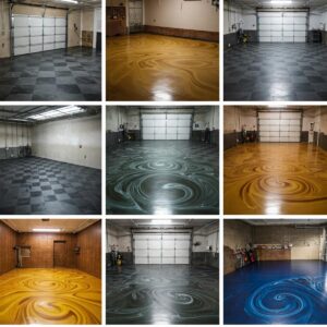 Examples of decorative garage floor designs and patterns, inspiring aesthetic garage flooring ideas.
