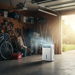 Illustration showing the airflow pattern of a dehumidifier working to dehumidify the air in a garage.