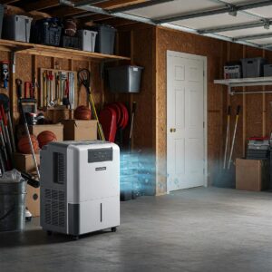 Desiccant dehumidifier working to dehumidify a typical residential garage.