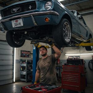 DIY car enthusiast using an auto lift in their garage for vehicle maintenance and modifications.