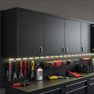 Close-up illustration of sturdy metal wall hanging cabinets designed for garage environments.