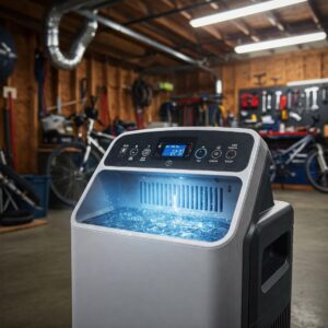  Electric dehumidifier collecting water in its tank while dehumidifying a garage space.