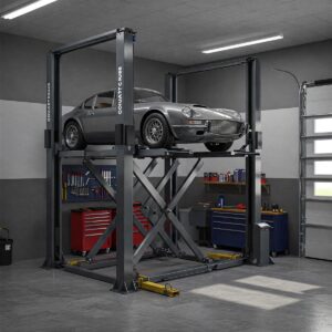 Four-post auto lift designed for car storage and maintenance in a personal garage setting.