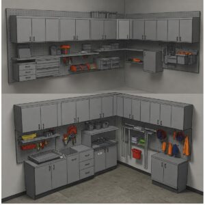 Various layout options for wall mounted garage cabinets to maximize space.