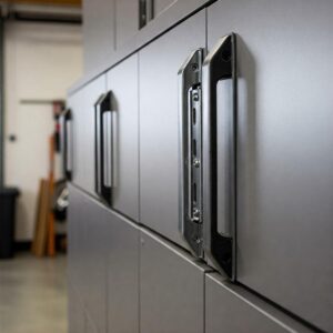 Detailed view of durable hardware on wall mounted garage cabinets.