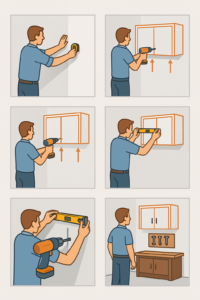 Step-by-step digital illustration showing the installation process of garage wall cabinets, from measuring to mounting, ending with an organized workspace.