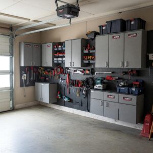 Efficient tool storage solutions with wall mounted cabinets in a garage setting.