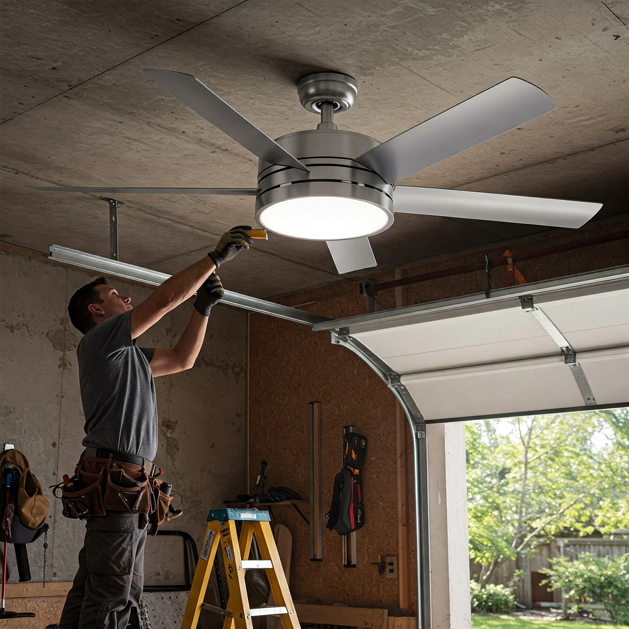 Person installing a modern garage ceiling fan with LED lighting and metal blades on a concrete ceiling in a residential garage.