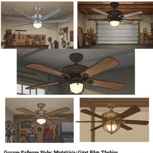 Various styles of garage ceiling fans displayed in different garage environments, highlighting fan and light designs