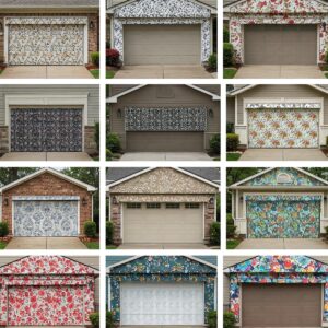 Variety of garage door cover styles including magnetic, decorative panels, and full fabric options.