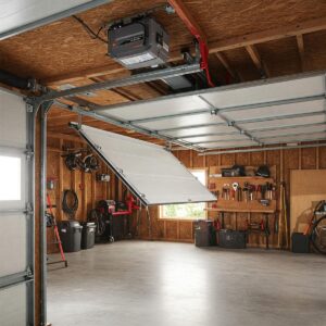Assorted tools and hardware components arranged for garage door installation on a workshop table.