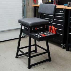 Illustration showcasing a garage stool with a convenient built-in tool tray for easy access to equipment.
