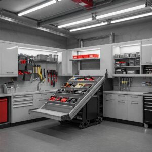 Garage organization concept with a storage lift freeing up floor space.