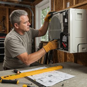 A technician performing maintenance on a garage air conditioner unit, inspecting internal components.