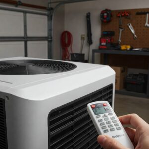 A person using a remote control to operate a garage air conditioner unit.