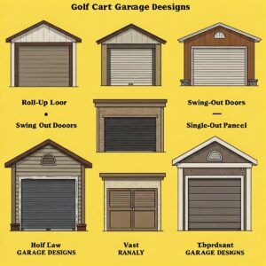 Various styles of garage doors suitable for golf cart garages, including roll-up and swing-out options.