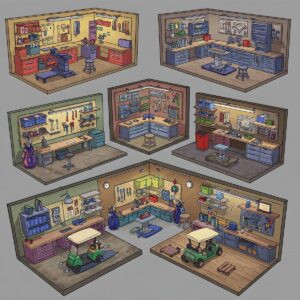 Interior design concepts for a functional golf cart garage with storage shelves and workspace.