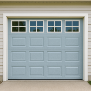 Contemporary gray-blue garage door with top-row reflective windows, offering a stylish and modern exterior upgrade.