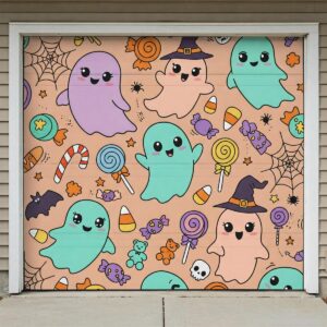 Simple yet effective Halloween garage door cover illustration with ghost silhouettes and a full moon.