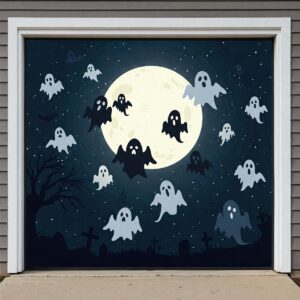 Adorable Halloween garage door cover illustration featuring cute ghosts and various candies.