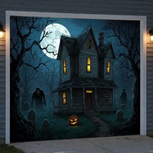 Halloween garage door cover illustration showcasing a spooky haunted house at night.