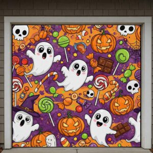 Colorful illustration of a kid-friendly Halloween garage door cover with cartoon ghosts and candy.