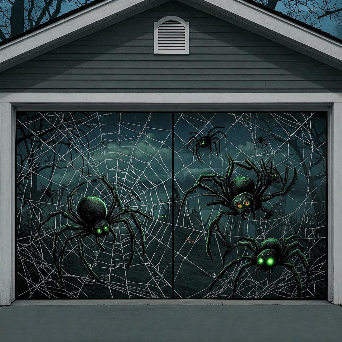 Detailed illustration showing a Halloween garage door cover with a large spiderweb and spiders.