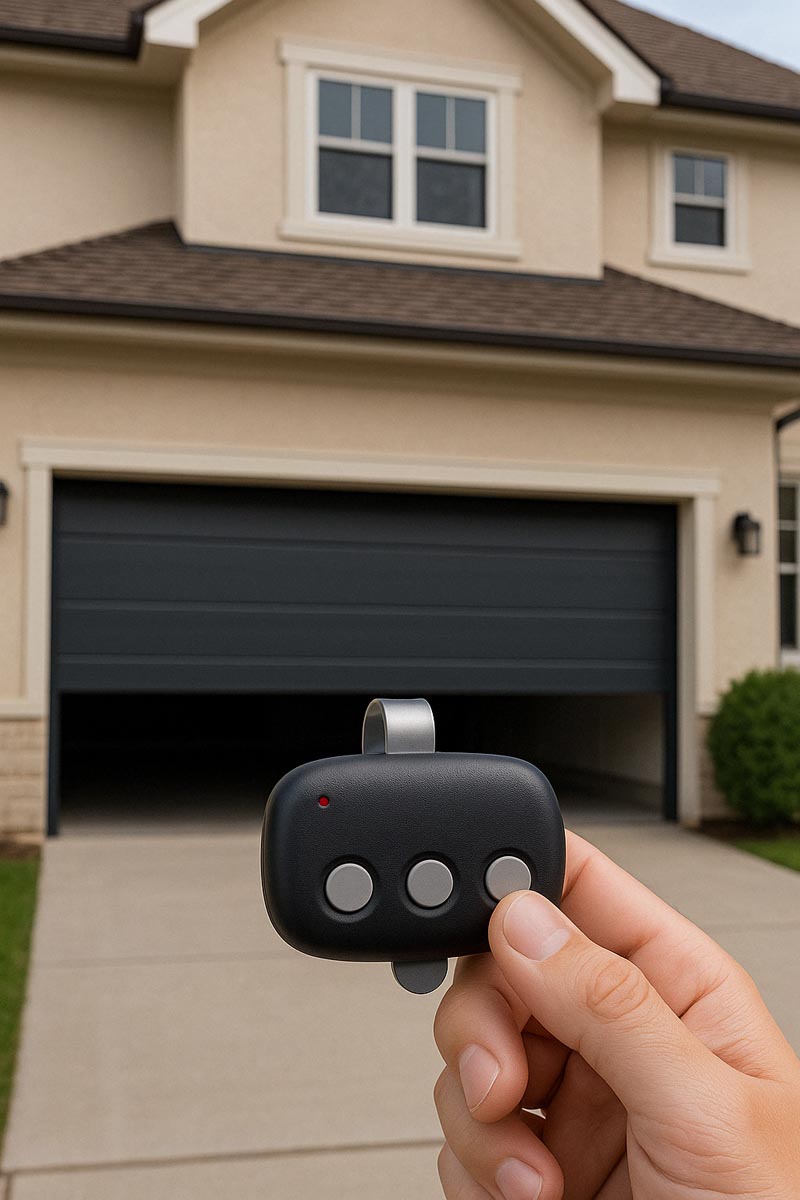 A person holding a Linear garage door remote in front of a suburban house with the garage door in the background.