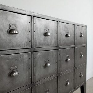 Industrial-style metal drawer cabinet showcasing its durable material and finish.