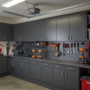 Wall hanging garage cabinets with ample storage space for tools and equipment.